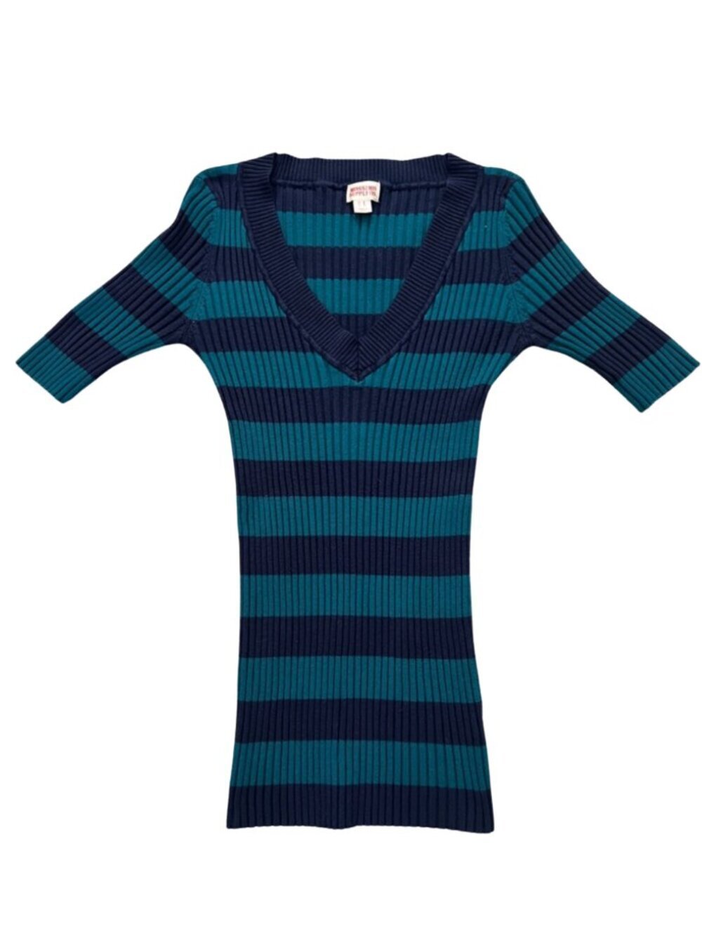 Mossimo Women’s Teal Navy Striped Short Sleeve Ribbed V-Neck Sweater Top Size L
